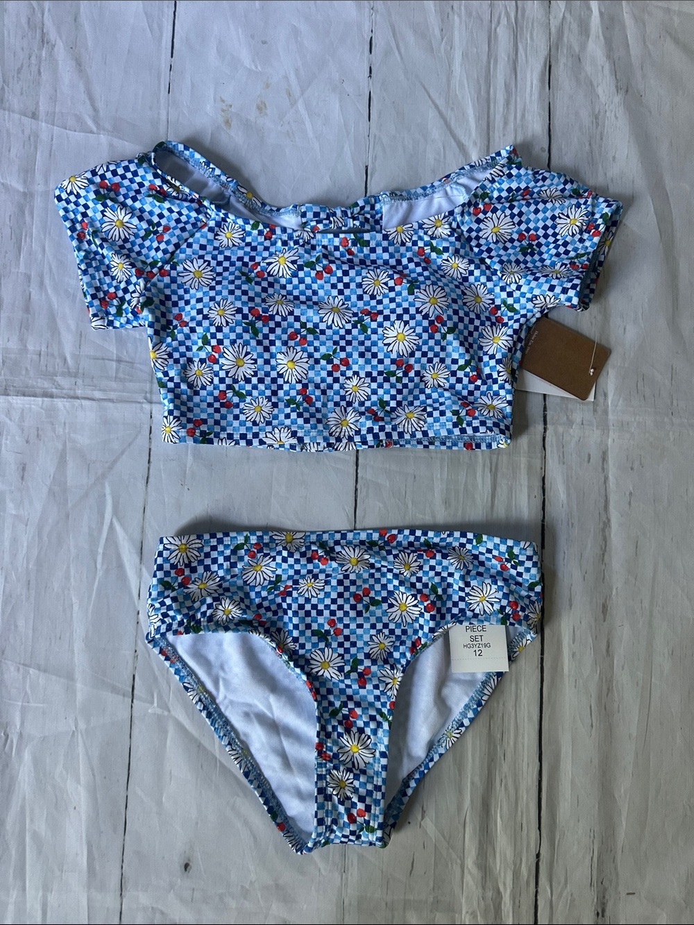 Hobie Girls Blue gingham cherry floral Two-Piece Bikini cap sleeve size 12